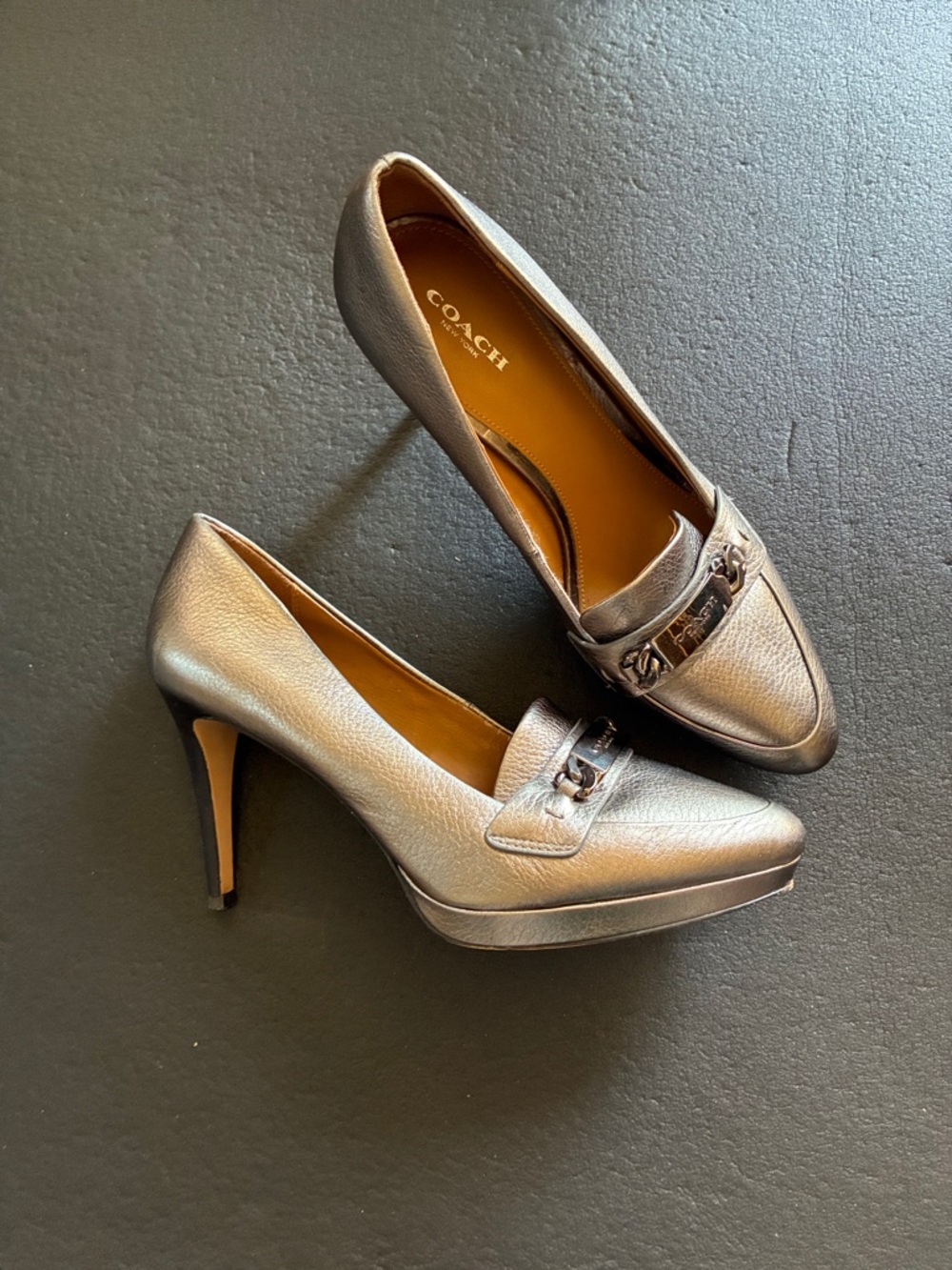 COACH Metallic Silver Leather Heels with Chain Accent
